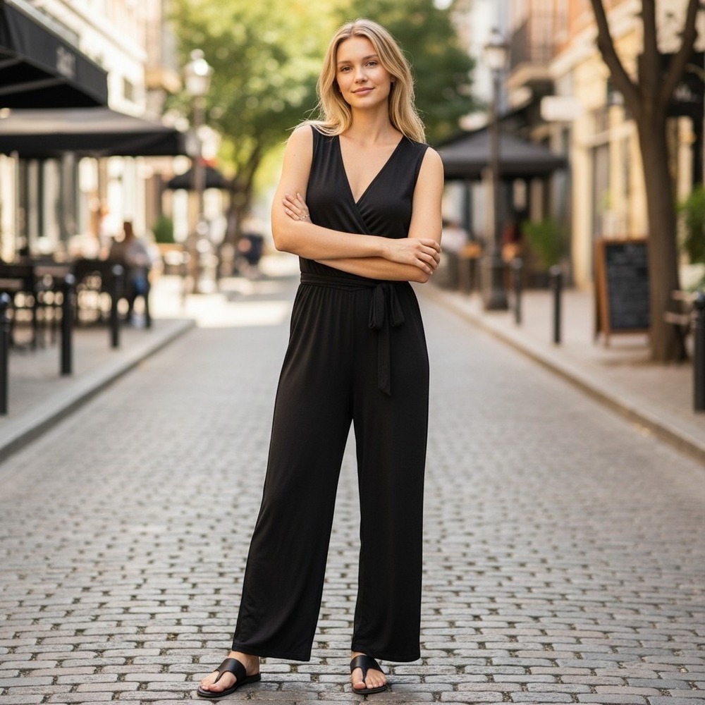 Annalee + Hope Black Wide Leg Jumpsuit Womens Size L vintage drapey office siren
